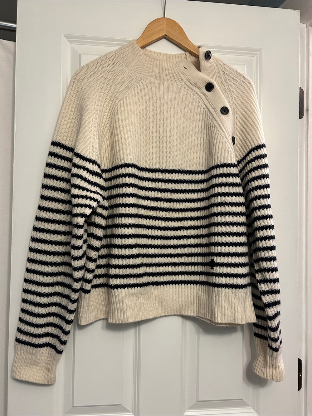 Tory Sport Cream and Black Striped Button-Shoulder Sweater